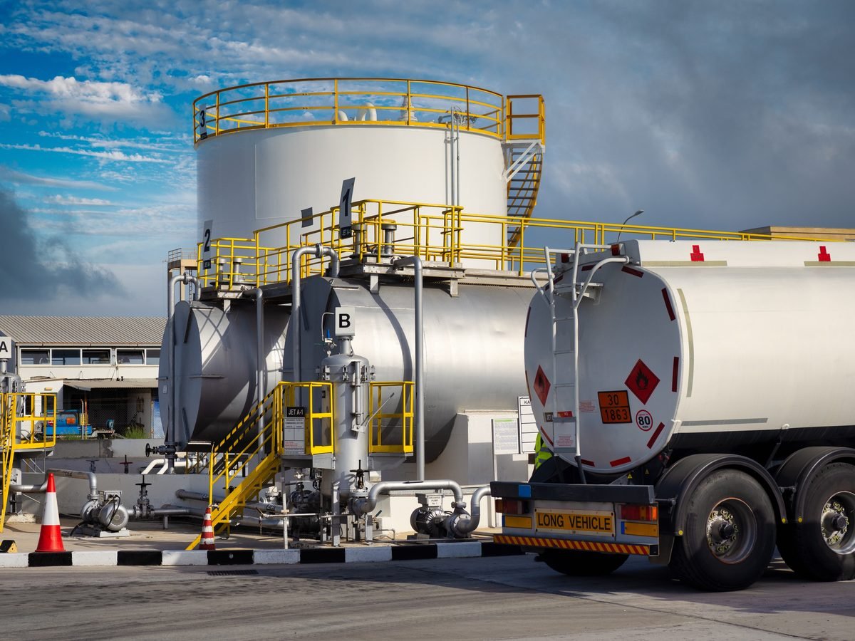 Fuel depot with a tanker loading at the rack
